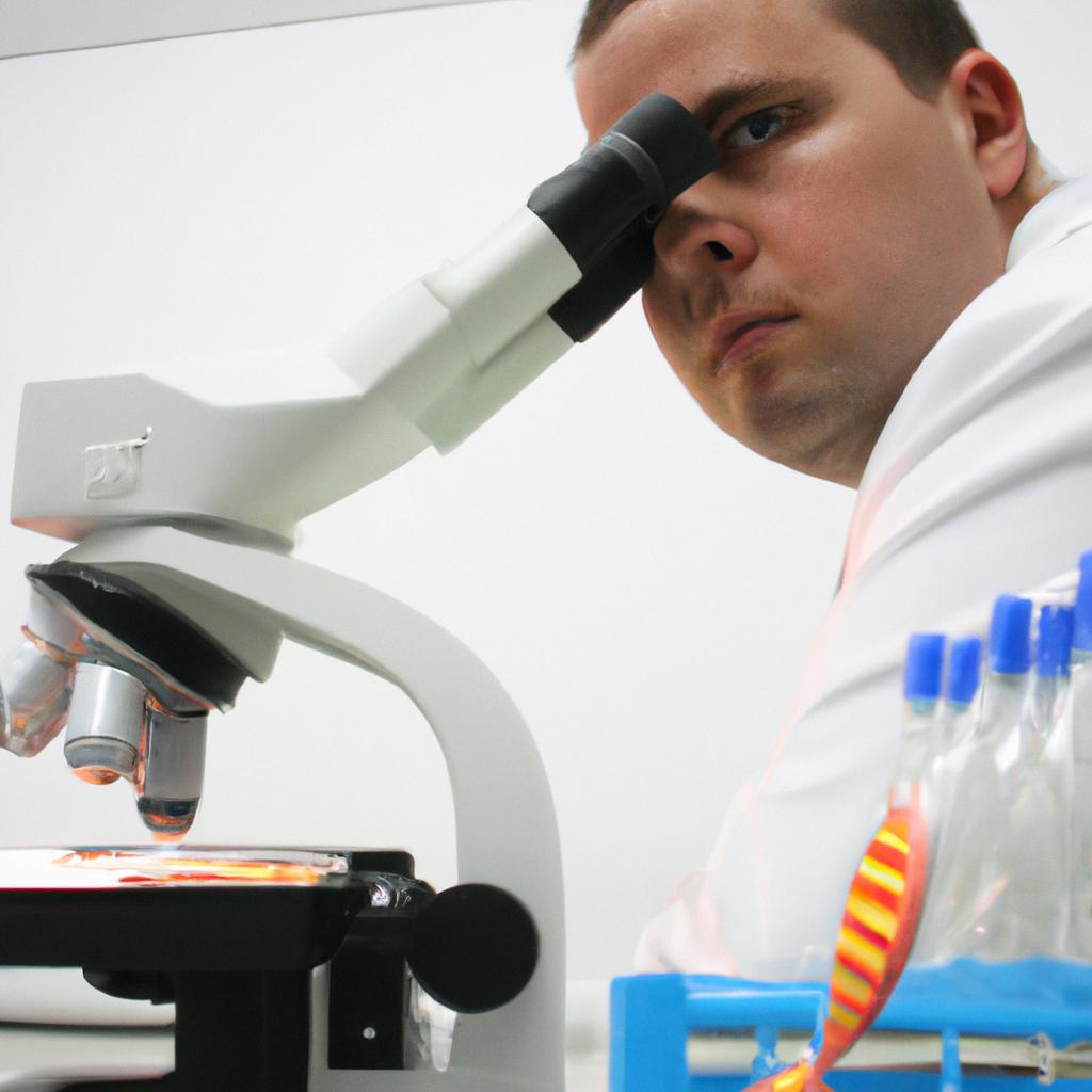 Scientist analyzing DNA under microscope